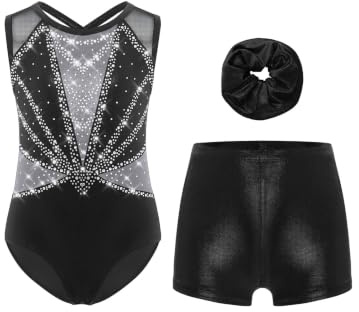 Sinleey Mädchen 3 Teiliges Gymnastikset Turnanzug Ärmellos Strass Gymnastikanzug mit Shorts Metallic und Haarband Ballett Tanz Leotard Tanzanzug
