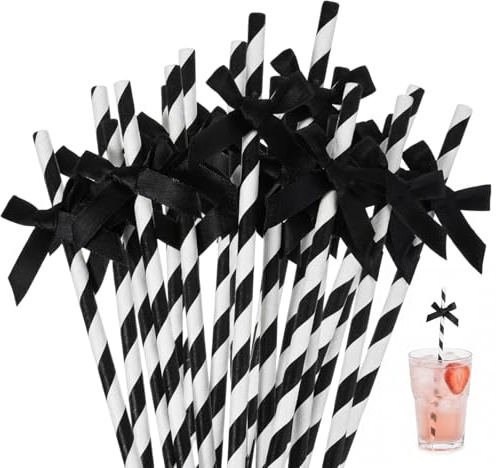 Cocktail Straws, Black Paper Straws, Party Straws with Elegant Bows, Disposable Drinking Straws, Set of Fifty, Dimensions 19.7 by 0.6 cm