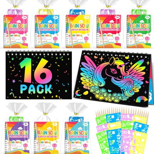 Scratch Art Bambini - Gadget Compleanno Bambini, 16 Set con Quaderno da Grattare, Stencil e Penne in Legno, Regalini Fine Festa Compleanno, Lavoretti Creativi per 3-12 Anni