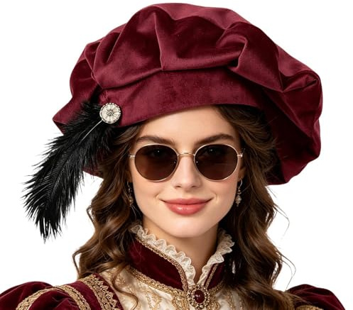 Renaissance-Hut, 62 cm, gefiederte Tudor-Barett, Retro-Mittelalter-Kopfbedeckung, für Männer und Frauen, Maskenball, Party, Bühne