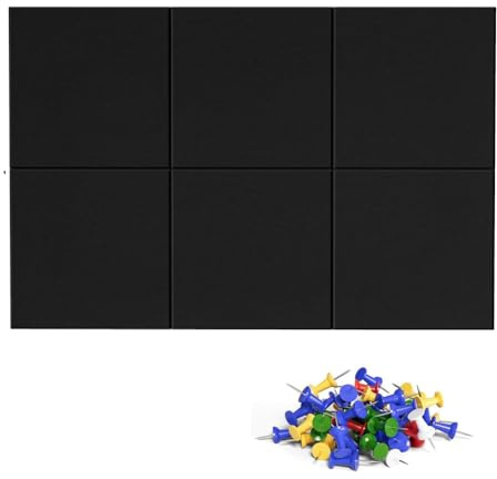 KikoSpark Filz-Wandfliesen-Set, 6er-Pack mit 50 Pinnnadeln, Moderne Schwarze Korktafel-Alternative für Wände