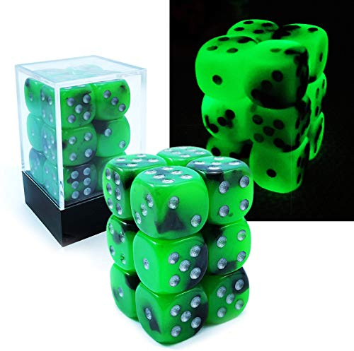 Bescon Lysande tärningar i två toner, D6, 16 mm, set med 12 st Spooky Rocks, sexsidig tärning, block med självlysande tärningar