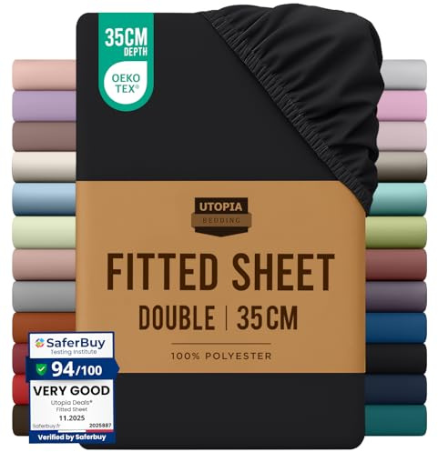 Utopia Bedding Fitted Sheet Double, Black - Deep Pocket 14 inch (35 cm) - Easy Care - OEKO-TEX Certified - Soft Brushed Microfibre Fabric - Shrinkage and Fade Resistant - Bottom Sheet