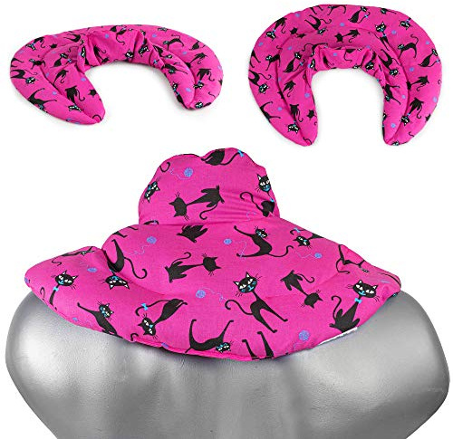 Coussin de nuque avec col montant - chat noir - fuchsia - Coussin aux pépins de raisin - Coussin épaules, haut du dos et cou - Coussin Nuque