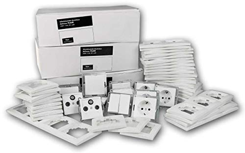 FLAIR Set Einfamilienhaus, Klem 95-teilig weiß Klemmanschluss, Steckdose + Lichtschalter, Doppelrahmen, Steckdose mit Kindersicherung, Unterputz, Antennedose, Vierfachrahmen weiß, Serienschalter