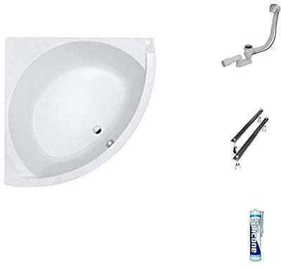 ECOLAM® Badewanne Eckwanne Prestige 150x150 cm Acryl weiß Ablaufgarnitur Ab- und Überlauf Automatik Füße Silikon große Liegefläche für Zwei