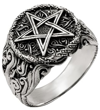 81stgeneration Sterlingsilber-Ring mit Pentagramm und Feuermedaillon für Herren | Klobiger Sternring aus 925er Silber mit Flammen | Gothic Pentagramm Schmuck für Damen | Biker-Statement-Ringe