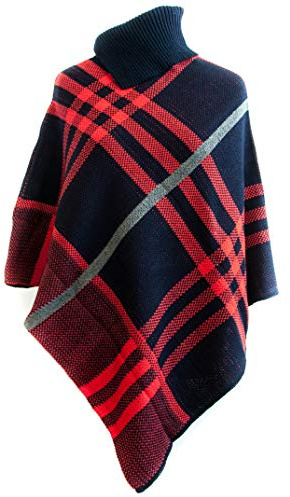 Missmister® Dam vinter hög polokrage stickad tartan rutig poncho sjal tröja jumper wrap cape - (UK 8-16), Marinblått/rött, one size