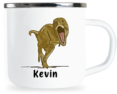 Kevin Personalisierte Kindertasse mit Name und lustigem Dinosaurier Motiv Emaille Tasse individuelle Geschenke Kind Geburtstag Junge Mädchen Metallbecher Emailletasse Geschenkidee