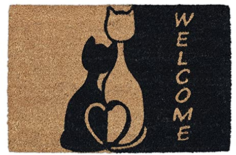 Relaxdays Fußmatte Kokos, 60 x 40 cm, mit Katzen & Spruch Welcome, gummiert, innen und außen, Türvorleger, Natur/schwarz | mit Katzen & Spruch Welcome, gummiert, innen und außen, Türvorleger
