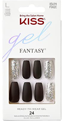 KISS Gel Fantasy A Whole New World Press On Kunst-Nägel Set | Schwarz/Silber, Lang Mandel Coffin Form, 28 Nägel in Salonqualität, 2g Nagelkleber inkl., Maniküre-Stäbchen & Mini-Feile