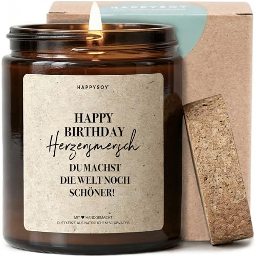 Happy Birthday Herzensmensch Du machst die Welt schöner - Duftkerze mit Spruch als Geschenk für Geburtstag, beste Freundin, Kerze im Glas, blumiger Duft