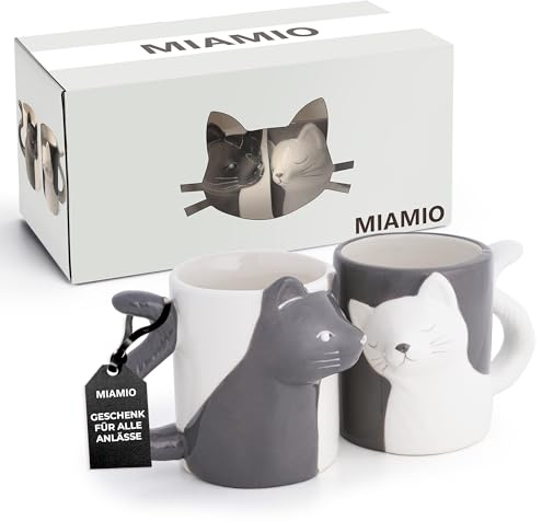 MIAMIO – kaffekopp/kyssande katter koppar set/kattälskare gåvor för kvinnor och män, signaturkollektion (350 ml)