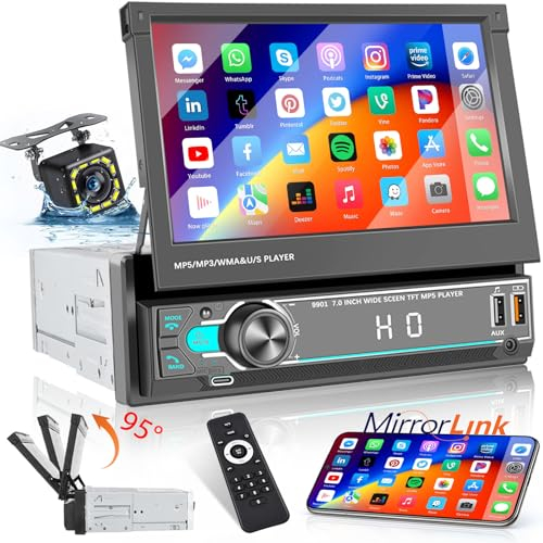 Hikity Autoradio 1 din con Schermo a Scomparsa, 7Pollici Touchscreen Auto Radio Stereo 1 Din a Scomparsa con Bluetooth Radio FM TF USB Tipo-C Mirror Link Telecamera Posteriore Controllo del Volante