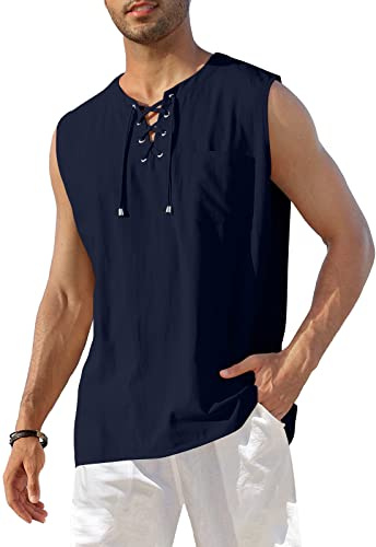 KUYIGO Hombres de algodón y Lino sin Mangas V-Cuello Henley Playa Hippie Top L Azul Marino