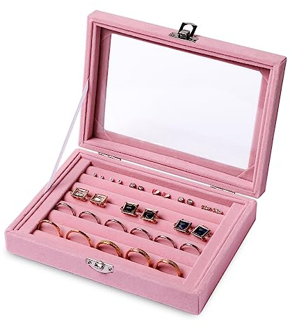 Frebeauty ringar/örhänge organiseringsbricka med klart lock, 7 fack, ringlåda, sammet, ringhållare, låda, insats, smycken, förvaringsbox, smycken, visningsfodral, smyckeskrin, present till kvinnor och