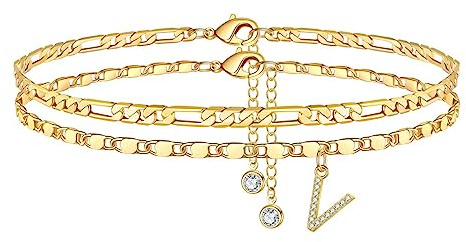 TINGN Fußkettchen für Damen, Gold Fussketten für Frauen Fußkettchen mit CZ Buchstaben V Figarokette Doppelte Fußketten Verstellbar 21+5 Cm Frau Mädchen Tochter Freundin Sommer Geschenk
