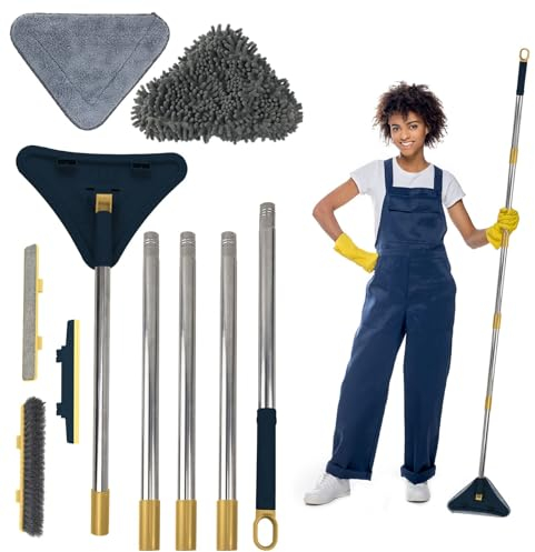 Triangle Cleaning Mop,Extendable Wall Cleaning Mop with Microfiber/Chenille Mop pad,Stiff/Wiper/Screen Brush,Ceiling Cleaner Tool for Ceiling Baseboard Floor corner Window Wall(180°rotatable)