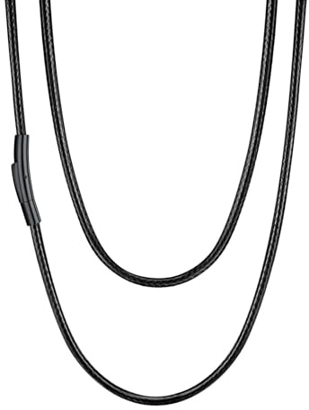 U7 Width 2mm/3mm Black Leather Necklace Cord with Black Clasp for Men Women Boys, Customisable Wax Rope Necklaces for Jewellery Making, Length 40/46/50/55/61/66/71/76cm