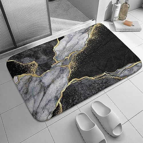 Badezimmerteppiche, schwarz, weiß, Marmor, golden, rutschfest, Badematte, waschbar, für den Innenbereich, Fußmatte, Küchenteppiche, Läufer, Teppich für Badezimmer, Zuhause, Büro, Wohnzimmer, 61 x 40