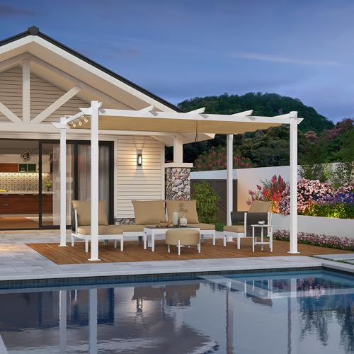 PURPLE LEAF Pergola 3 x 4 m Wasserfest Stabil Winterfest aus Weiß Rahmen, Pavillon Aluminium Sonnendach Einziehbares Vordach, Gartenpavillon mit Markisenschutz, UV Schutz für Hof, Beige