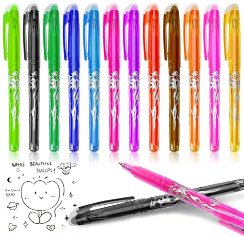 Uunquee 12 Farben Radierbarer Kugelschreiber, Kugelschreiber mit Radiergummi, 0.7mm Radierbarer Tintenroller für Studenten Geschenk, Schul Bürobedarf, Zeichnen, Schreiben, Sammelalbum