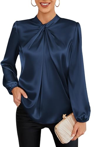 GRACE KARIN Womens Business Casual Tops Satin Silk Dressy Blouses Mock Neck Formal Tops Long Lantern Sleeve Spring Shirt Navy Blue XL