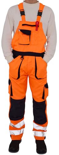 LABEL APPAREL Men's Hi Vis Bib & Brace Workwear Dungarees Adjustable Straps Work Dungarees For Men, Orange/Navy Colour, Size- M