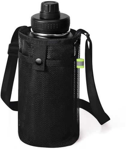Large Water Bottle Bag with Strap, Big Mesh Water Bottle Holder Crossbody Water Sling Bag Shoulder Strap and Pocket - Lightweight Water Bottle Carrier for Walking Sports Hiking Camping (Black)