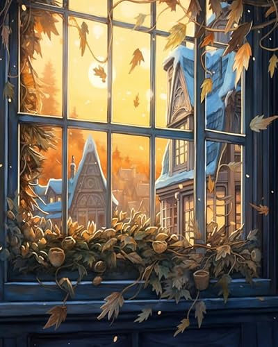 ZMHZMY Malen nach Zahlen Erwachsene,Schloss vor dem Fenster DIY Handgemalt Ölgemälde Kits auf Leinwand Geschenk für Weihnachten Geburtstag Home Haus Deko - Ohne Rahmen