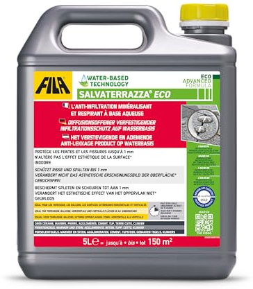 FILA Surface Care Solutions, SALVATERRAZZA ECO, Transparente Wasserdichter Beschichtungsmittel fur Terrassen Fliesen auf Wasserbasis, Konsolidierungseffekt, Auslaufsicher bei Rissen bis zu 1mm, 5L