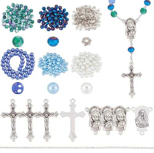 arricraft Ca. 455 Stück Rosenkranz-Bastelset, Einschließlich Mittelkreuz-Kruzifix-Medaillen-Verbindungsanhänger, Verschiedene Runde Kristallperlen Für Rosenkränze, Armbänder, Halsketten