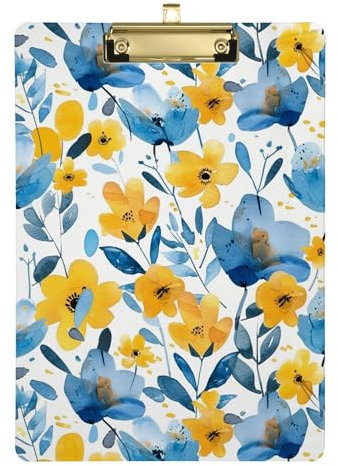 Klemmbrett mit blauen und gelben Blumen, A4, 31,8 x 22,9 cm, Klemmbrett, schließt harte Ordner mit Klemmbrett mit niedrigem Profil-Clip für Softball-LKW-Fahrer