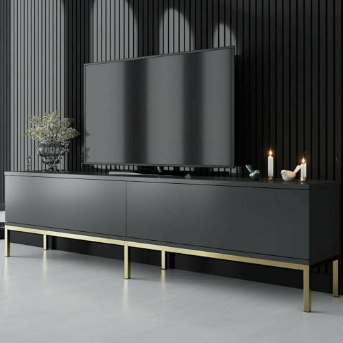 Dmora - Fernsehschrank Regulus, Ständer für Wohnzimmerfernseher, Niedriges Wohnzimmer-Sideboard, TV-Ständerbasis, 180x30h47 cm, Anthrazit und Gold