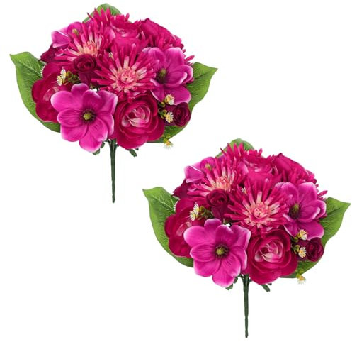 Briful Künstliche Friedhofsblumen für Grabschmuck, 2 Stück, Beileidsblumen, Seidenblumen, Blumenstrauß, künstliche Rosen, Chrysanthemen, Gedenkblumen für den Außenbereich, Beerdigung, Grabsteine,
