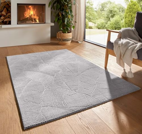 Taracarpet Kurzflor Boho Skandi Polyester Teppich in 3D Optik waschbar, pflegeleicht und robust ideal fürs Wohnzimmer, Schlafzimmer und Kinderzimmer auch als Badematte Grau Blätter 200x290 cm