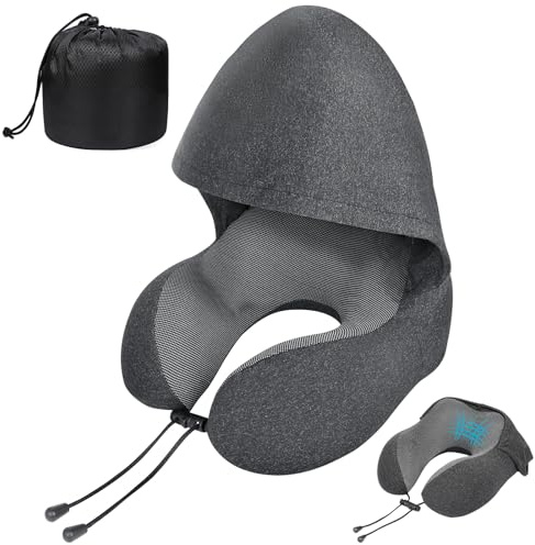 AiQInu Coussin de Voyag avec Capuche, Oreiller de Voyage en Mousse à MéMoire de Forme, Coussin Voyage Avion pour Voiture, Avion, Train, Bureau, Voyage à Domicile