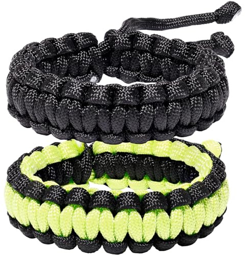 Xfoxstal 2Pcs Two-tone Paracord Bracelets Adjustable Handmade Braided Survival Bracelets for Women Camping Traveling Climbing Outdoor (Black and Green)