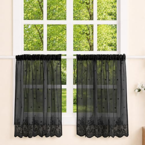 Molaxhome Spitze Scheibengardinen Kurzstores Jacquard Valance für Küche | Halbtransparent Küchengardinen, Bistrogardine Fenstervorhang, Cafe Vorhänge, Fensterschal mit Kante, Blume Valance