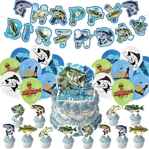 Fishing Birthday Party Accessories Fishing Party Decorations Set Fishing Birthday Banner Cake Cupcake Toppers Balloons for Gone Fishing Birthday Decorations
