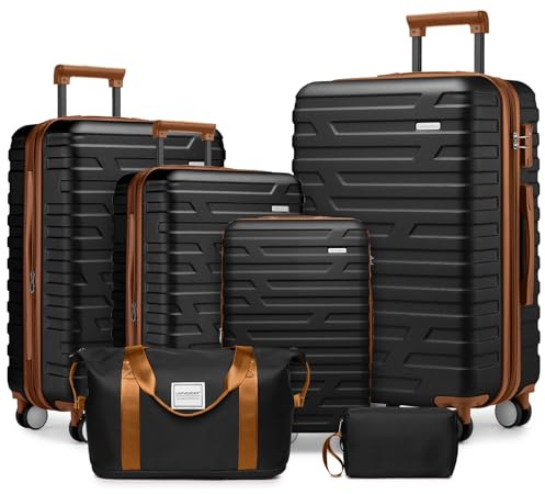 LARVENDER Kofferset 6 Teilig Hartschale Leicht ABS Erweiterbar Reisekoffer Haltbar Handgepäck Sets 4 Rollen TSA-Schloss mit 1 Reisetasche und 1 Kulturtasche, Schwarz/Braun