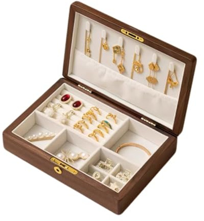 Bescott Boîte à bijoux vintage en bois de noyer noir massif à 2 étages avec serrure et clé pour femme - Organiseur vintage pour boucles d'oreilles, bagues, colliers, bracelets et montres