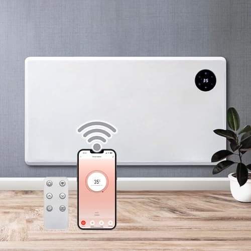 Purus 1500W WiFi Electric Panel Heater, Wall Mounted & Freestanding, White | 1500W smart heater with app, Alexa and Google Home control, 17m² coverage, 5–35°C thermostat, open-window detection and IP24.