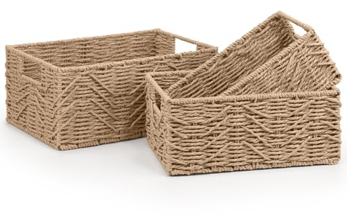 woodluv Woven Wicker Storage Baskets, Paper Rope Storage Boxes, Drawer Closet Shelf Dresser Basket, Storage Baskets for Shelves, Set of 3, Khaki