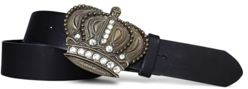 FRONHOFER Trachtengürtel für Damen 4 cm, echt Leder, große Krone messingfarben, Strass, 19169, Größe:Körperumfang 90 cm/Gesamtlänge 105 cm, Farbe:Schwarz