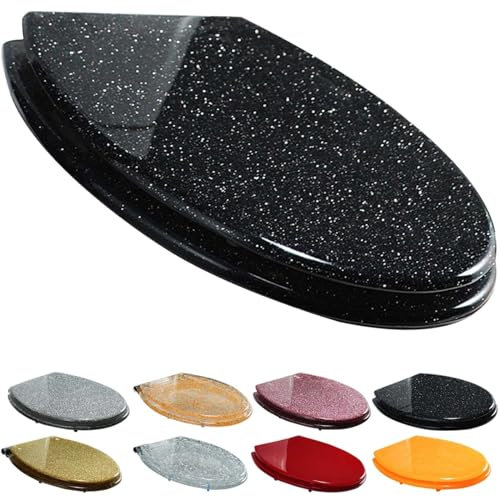 GUHPZA 16.5 Inch Toilet Seat Round Glitter Toilet Seats Cover With Slow Close Toilet Lid, Quick Release For Easy Clean, Resin Material Non-Slip Toilet Seats,Black,Black