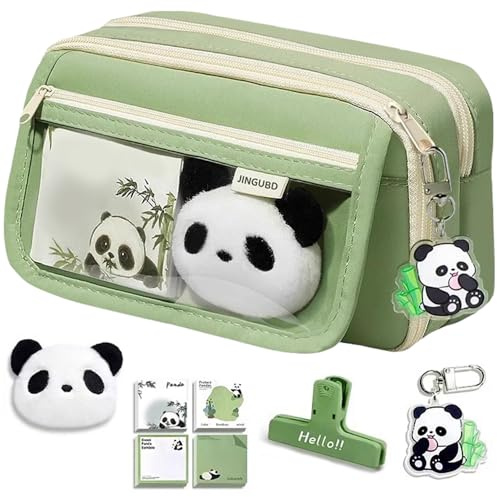 YGCHEN Federmäppchen Panda Mäppchen Kawaii Schreibwaren Tasche Große Kapazität Federtasche Panda Pencil Case Schreibwaren Organizer mit Schlüsselanhänger, Haftnotizen, Aufbewahrungsclip, Brosche 5 Stk