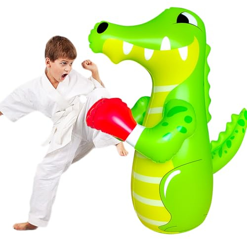 Saco de boxeo de 120 cm para niños, saco de boxeo de pedestal para niños, chupete inflable, saco de boxeo inflable de dinosaurio, saco de boxeo antiestrés para niños, cocodrilo inflable.