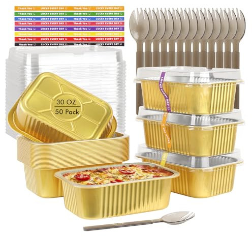 LNYZQUS 50 Pack 30oz Small Foil Pans with Lids, 7” x 5” Individual Baking Tins Deep Leftover Containers,Aluminum To Go Baked Food Containers Large Loaf Cake Pans Take Out Holders-Gold