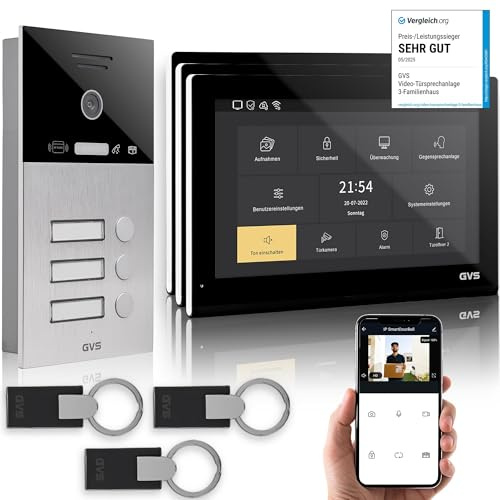 GVS IP Video Türsprechanlage 3 Familienhaus RFID Türöffner - 3X 10 Monitor | Smarte Video Türklingel mit Kamera und Monitor & App - Gegensprechanlage mit Türöffner (AVS5526U)